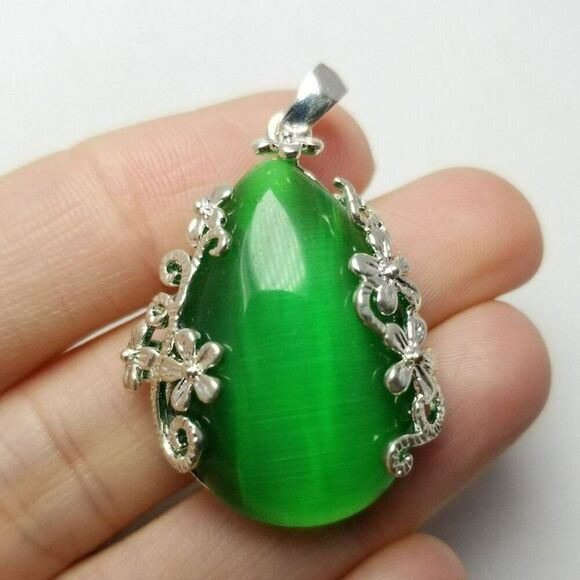 Vintage Green Glass Cabochon Pendant, Silver Tone Flower Filigree Design Setting - Picture 1 of 6